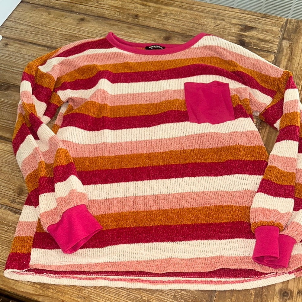 HEIMISH USA Pink and Orange Crew Neck Sweater Vibrant Stripes